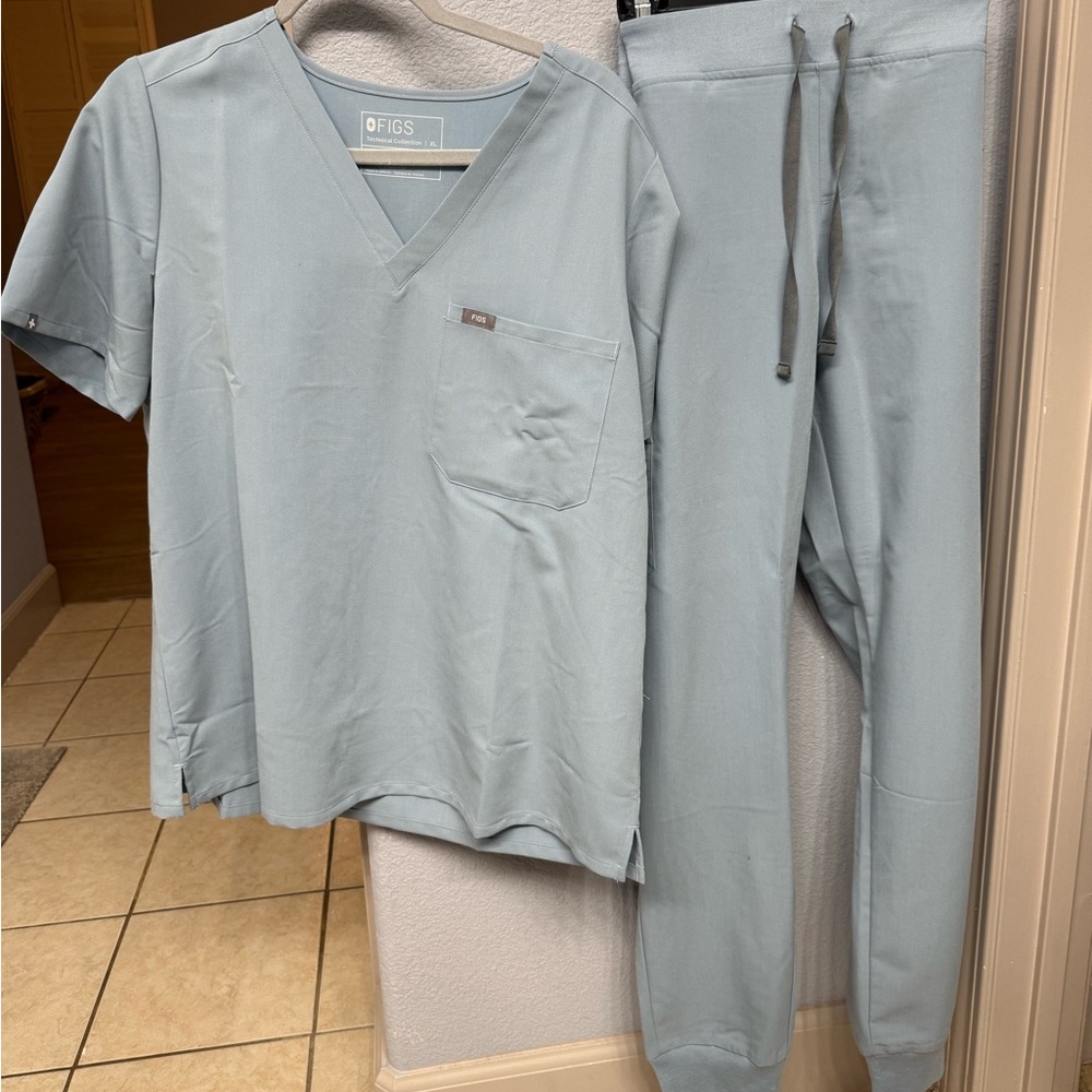 Figs Technical Collection Light Blue Scrub Top and Zamora jogger pants